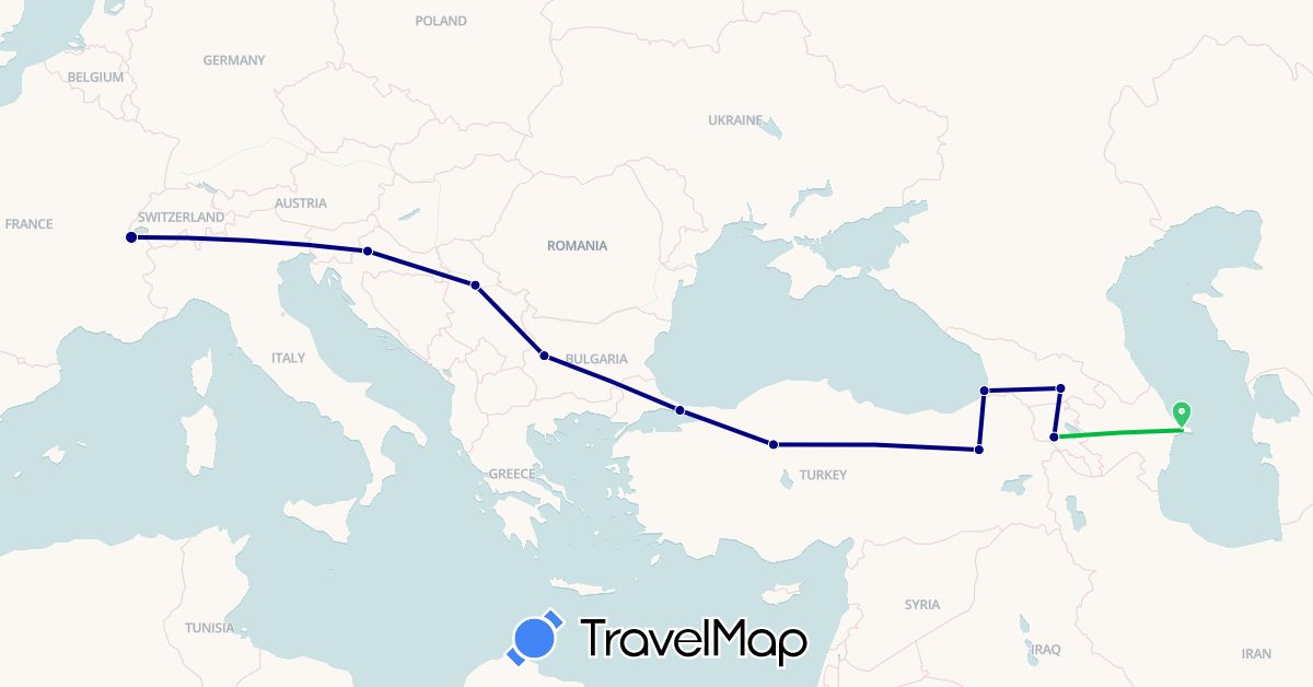 TravelMap itinerary: driving, bus in Armenia, Azerbaijan, Bulgaria, Switzerland, Georgia, Croatia, Serbia, Turkey (Asia, Europe)